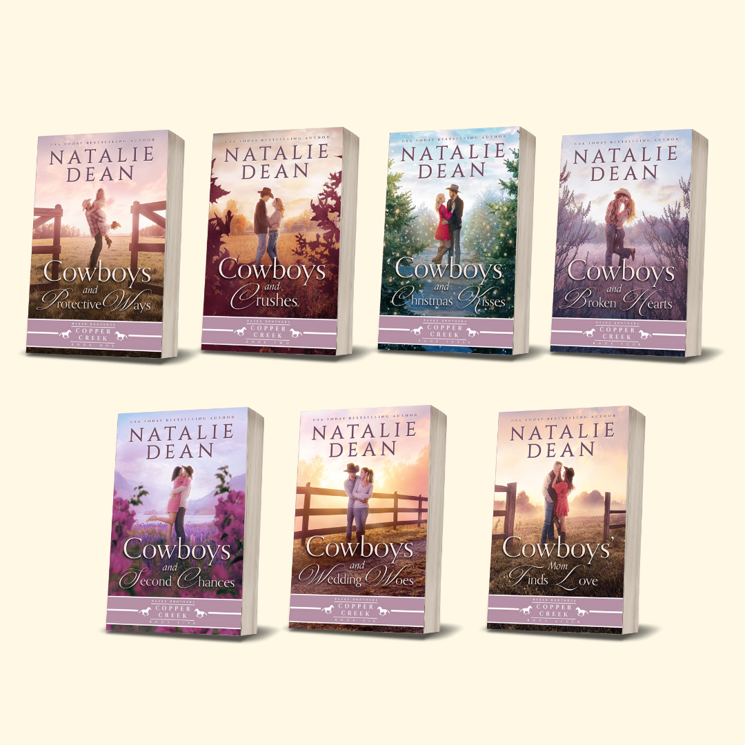 Image of Paperback Book Covers for all seven Baker Brothers of Copper Creek Books. Each cover has a couple standing in a field and/or by a fence. Sweet Western Romance