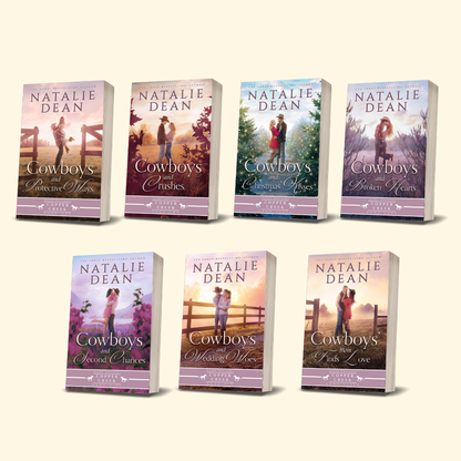 Image of Paperback Book Covers for all seven Baker Brothers of Copper Creek Books. Each cover has a couple standing in a field and/or by a fence. Sweet Western Romance