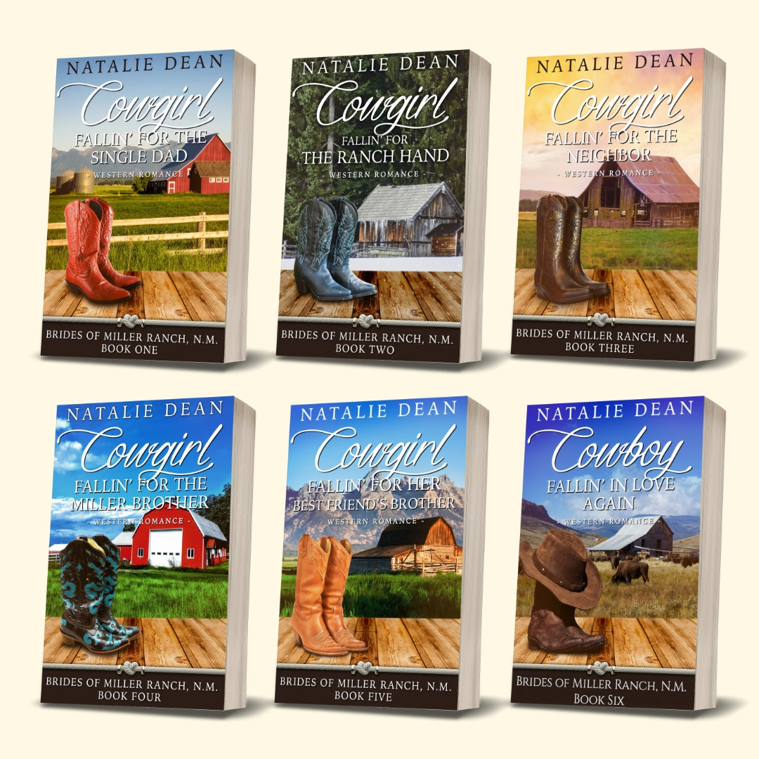 Image of all six Brides of Miller Ranch Paperback Books. Cowgirl boots, barns and horses on covers. 